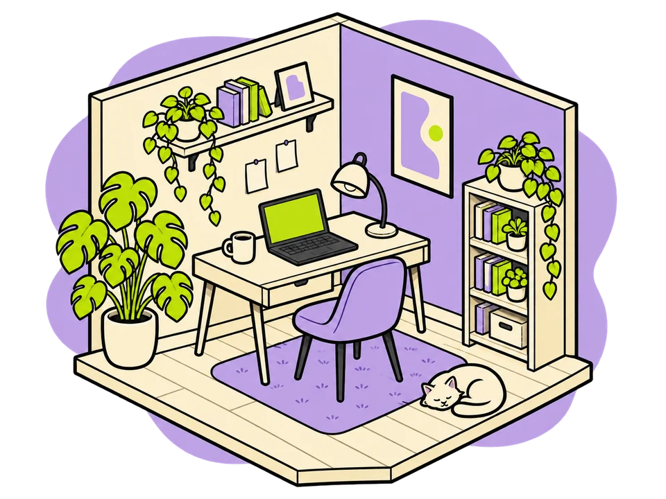 A cozy illustrated studio with a lime-screen laptop, curved desk lamp, lavender chair, leafy plants, books, and a sleeping cat.